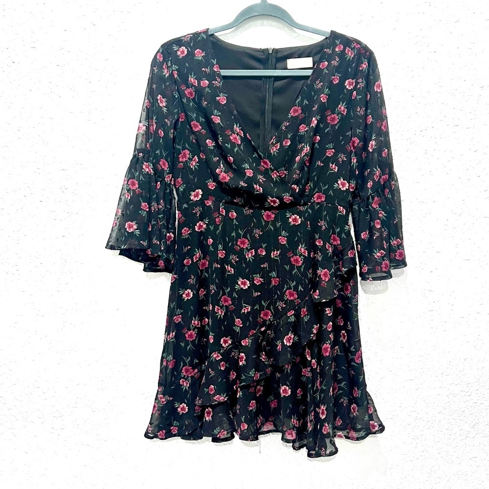 Altar'd State Pink and Red Fit and Flare Dress with Bell Sleeves small